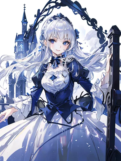 ((highest quality)), ((masterpiece)), (detailed), perfect face, girl, (((a kind smile))), silver hair, very long hair, dark blue...