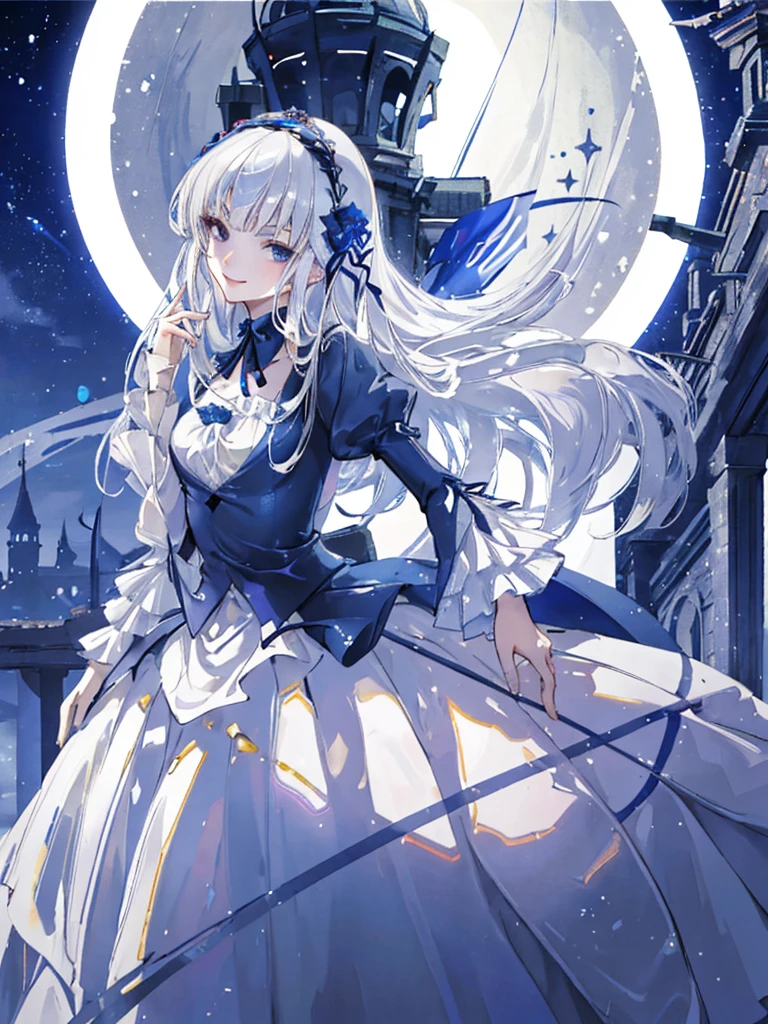 ((Highest quality)), ((masterpiece)), (detailed), Perfect Face, girl, (((A kind smile))), Silver Hair, Very long hair, Dark blue eyes, Data dress, A castle in the background, Princess