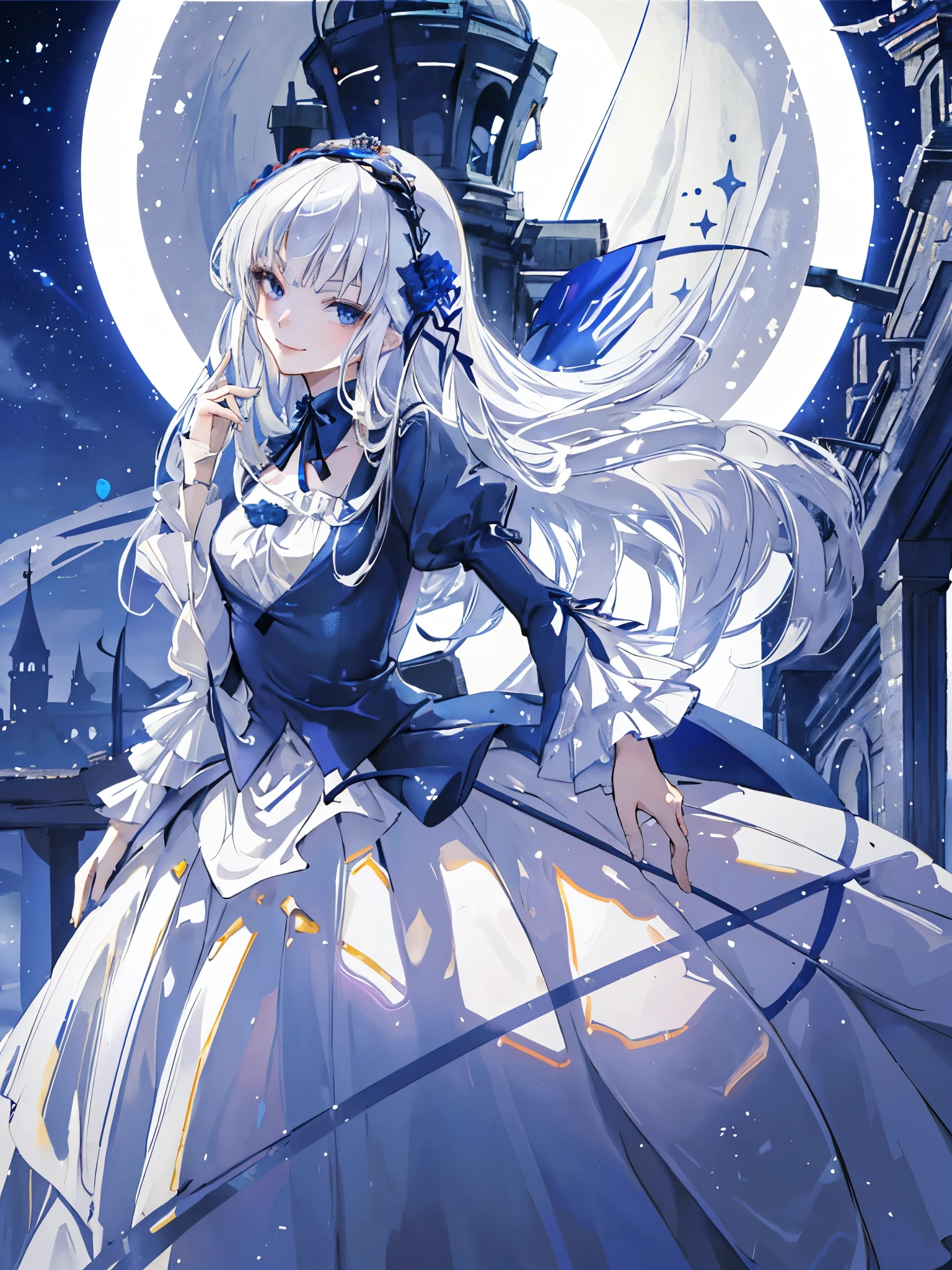 ((Highest quality)), ((masterpiece)), (detailed), Perfect Face, girl, (((A kind smile))), Silver Hair, Very long hair, Dark blue eyes, Data dress, A castle in the background, Princess