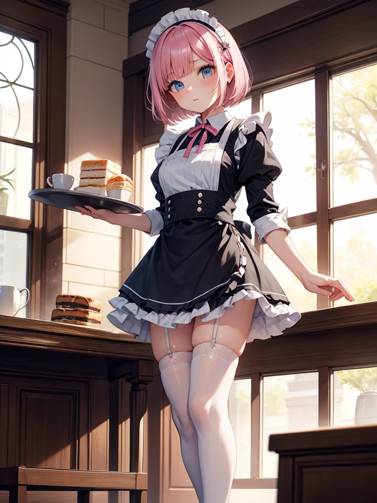 Young adult girl, medium bob cut hair, pink hair, blue eyes, maid dress, apron, frills, short skirt, standing in cafe, rim light, holding tray, black thighhighs, frilled thighb bands, posing casually, perfect body