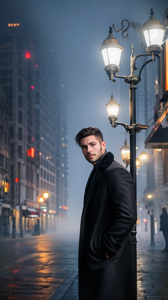 A handsome man with bright eyes,black flowy hair, natural beauty, handsome face,sharp jaw line, photogenic expression, wearing shirt and over coat, in a misty environment, evening time, near a street lamp, in a futuristic city, best quality photo, 16 k resolution, realistic, masterpiece, cinematic, head to thighs on focus 