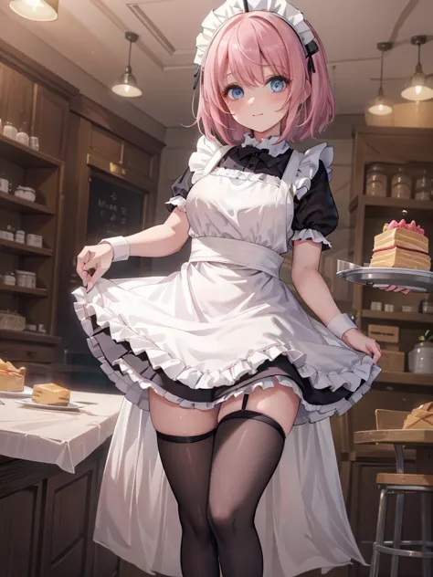 young adult girl, medium bob cut hair, pink hair, blue eyes, maid dress, apron, frills, short skirt, standing in cafe, rim light...