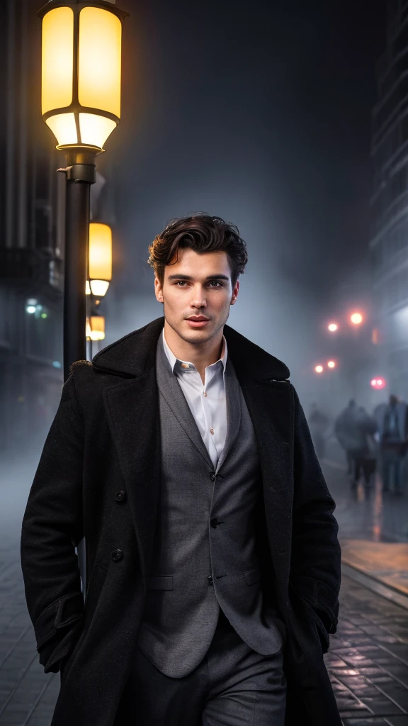 A handsome man with bright eyes,black flowy hair, natural beauty, handsome face,sharp jaw line, photogenic expression, wearing shirt and over coat, in a misty environment, evening time, near a street lamp, in a futuristic city, best quality photo, 16 k resolution, realistic, masterpiece, homoerotic ,nsfw