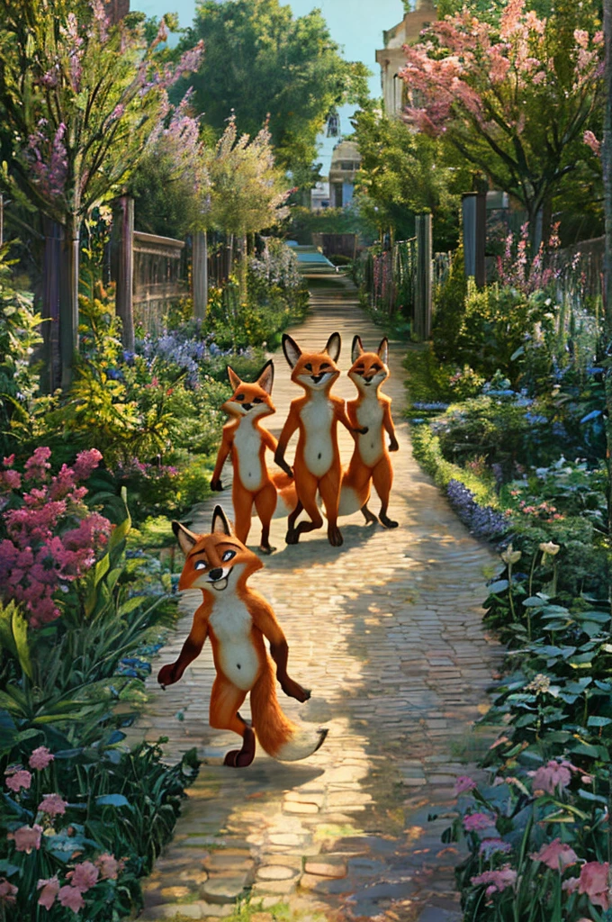 anthro,male,naked, penis,fox,Zootopia,walking in a garden,group,