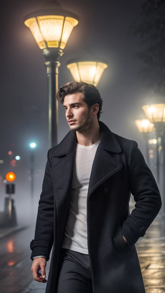 A handsome man with bright eyes,black flowy hair, natural beauty, handsome face,sharp jaw line, photogenic expression, wearing shirt and over coat, in a misty environment, evening time, near a street lamp, in a futuristic city, best quality photo, 16 k resolution, realistic, masterpiece, homoerotic ,nsfw