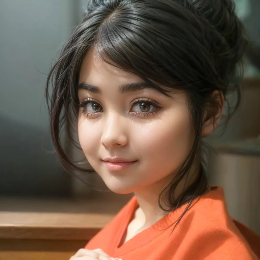 Beautiful woman wearing orange clothes, brownish black hair with cute face 