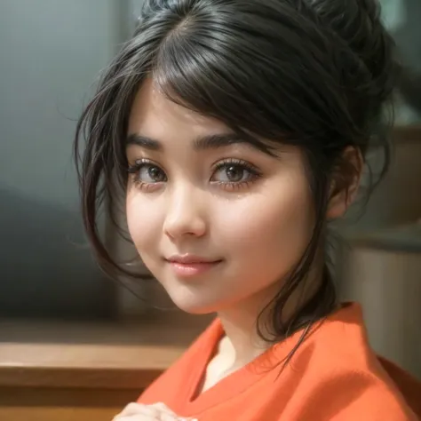 beautiful woman wearing orange clothes, brownish black hair with cute face