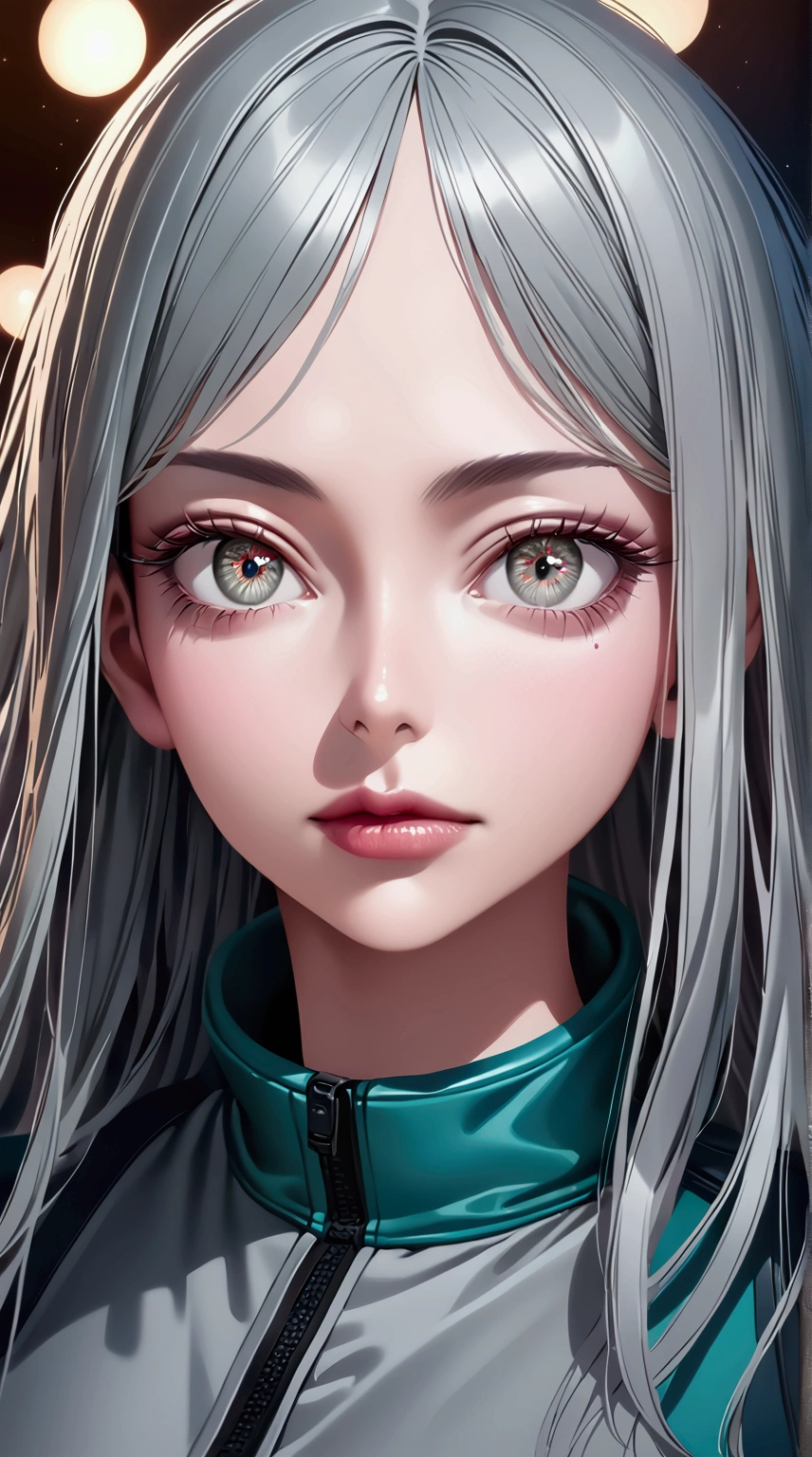 a beautiful girl in a grey fighting suit, happy expression, long floating grey hair, grey eyes, turquoise fighting suit, beautiful detailed eyes, beautiful detailed lips, extremely detailed eyes and face, long eyelashes, realistic, photorealistic, HDR, UHD, studio lighting, ultra-fine painting, sharp focus, physically-based rendering, extreme detail description, professional, vivid colors, bokeh, concept art