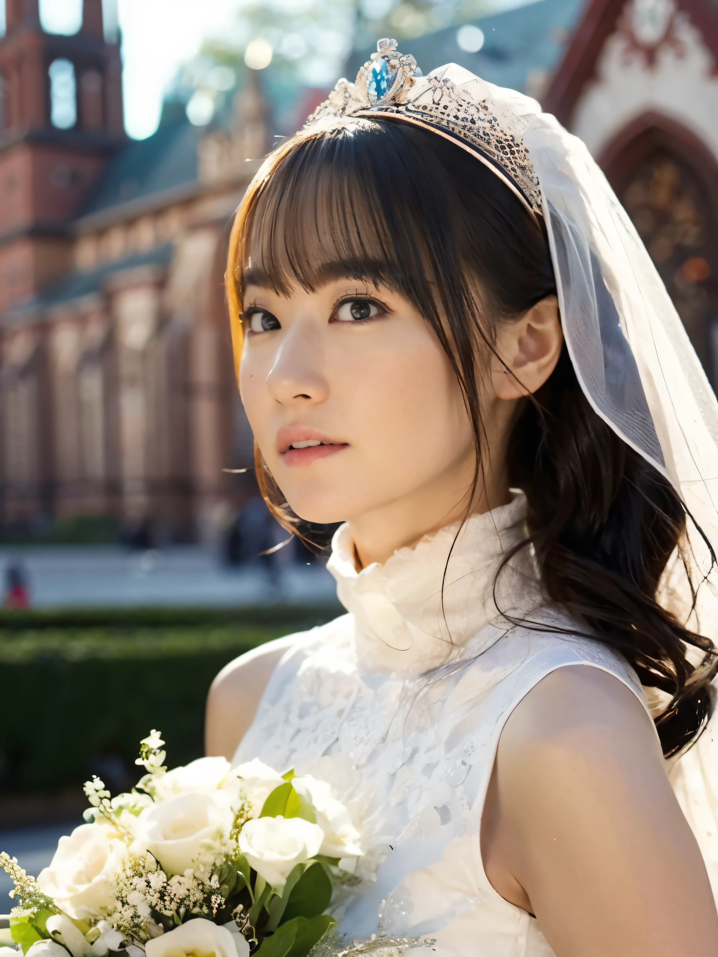 8,000 people, ultra HD, masterpiece, Highest quality, Just One Girl, very pretty, Nice face, Detailed eyes, Lol, Glossy Lips, Detailed eyes, Mid-chest, beautiful, Cute Teen, sweet, sun glare, Conservative dress, Turtle neck wedding dress, Bridal Tiara, Bridal Veil, bouquet, Depth of written boundary, Blurred Background, with a cathedral background, Particles of light, Strong winds, Tilt your head, very Long Hair、At church