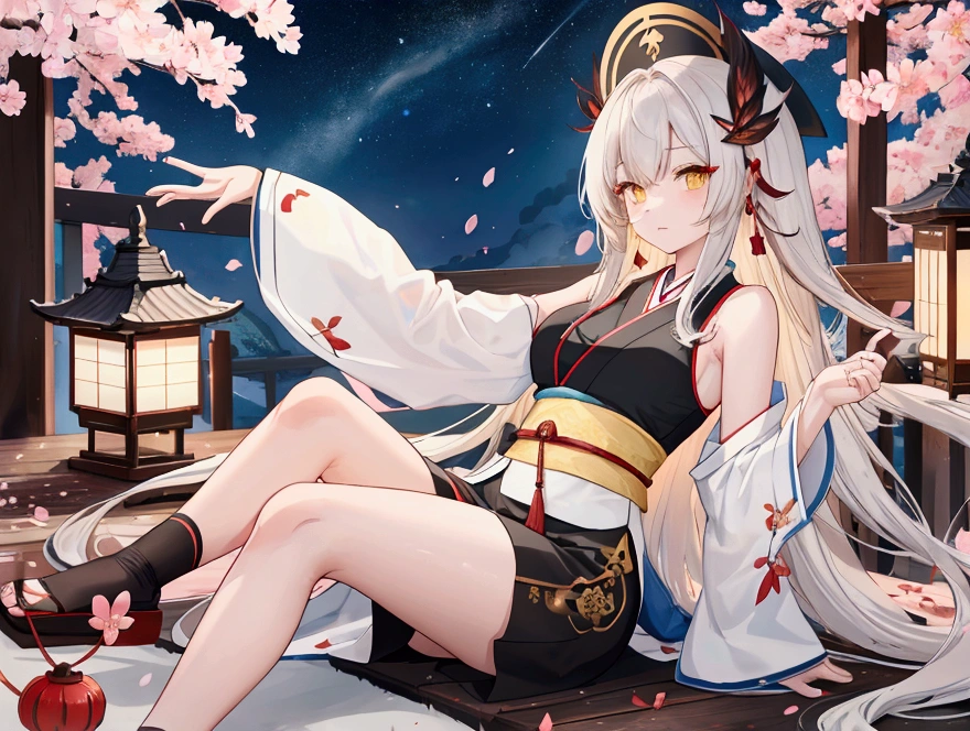 emale , detailed , {877171} brown color long hair , Yellow eyes , With bangs , A clever look , Leisurely , strong , I put binyeo in , Black sleeveless , Blue short cheongsam , Short white socks , Blue Japanese Slippers , Lycoris radiata , night background , Cherry Blossom , Pianhua , Orientalism , Japanese sword , death , anime character , illustration , solo , 1명 , 앉아있는, 산 속 , 나무 의자에 앉아있는 , 묘당 , 무당