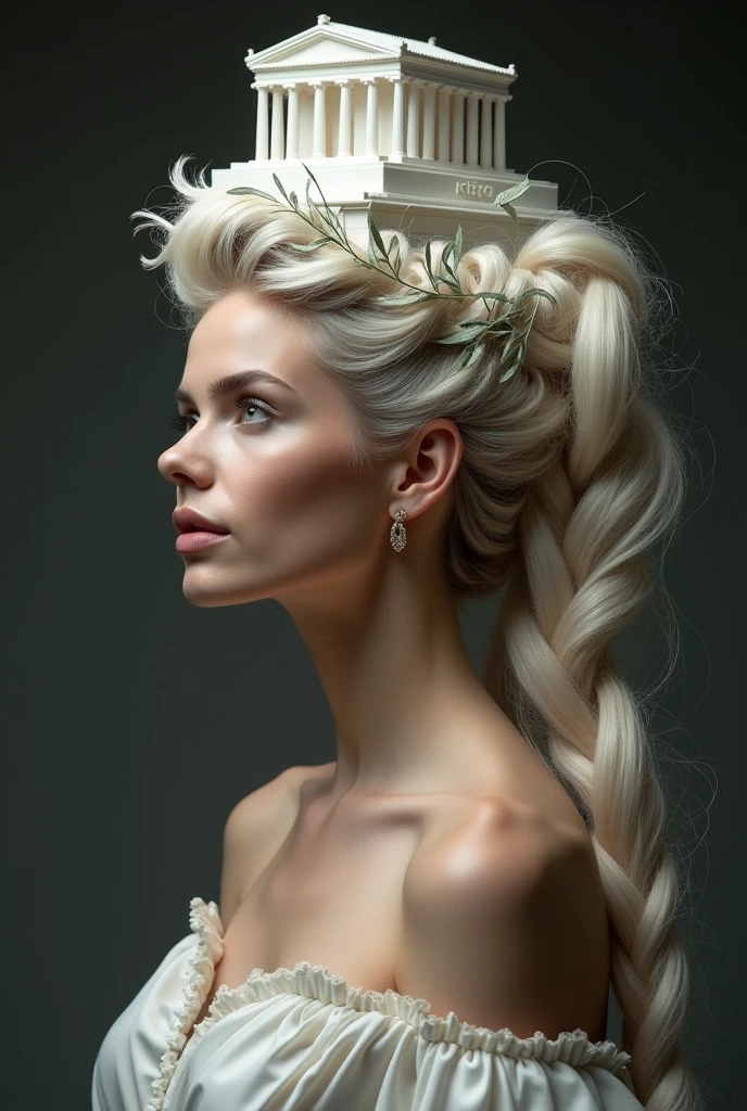 Super realistic photography, Ancient Roman architecture comes to life through artistic hairstyles. An Italian model holds a white model of the Colosseum on her head, her long hair styled in an avant-garde artistic hairstyle accented with daisies, geraniums and pansies. professional lighting