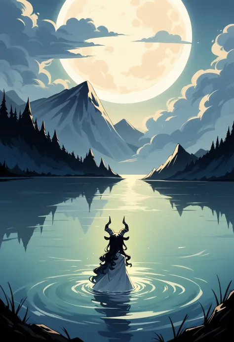 a mysterious scene at twilight depicting a serene lake surrounded by mountains. a figure with long, wavy hair, wearing a black u...