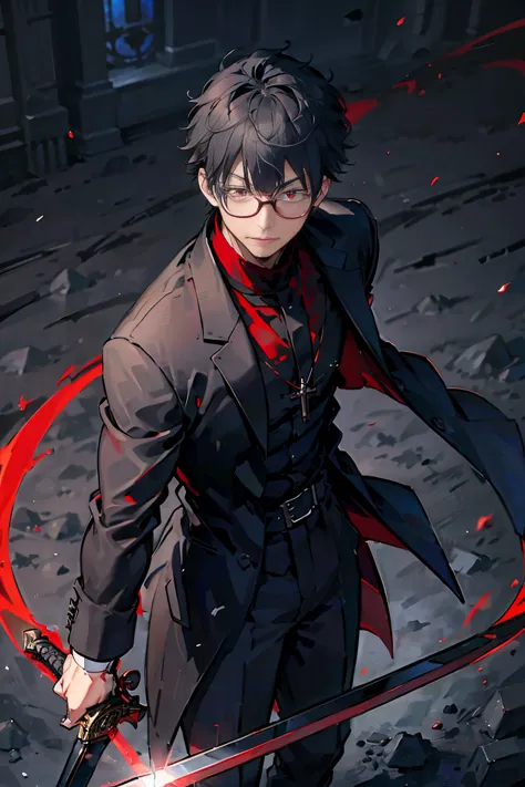 one smart guy，tall，((dark red clothes))，((fr.))，((priest))，cape，black hair，thin black glasses，((red eyes))、sharp eyes，with a cro...