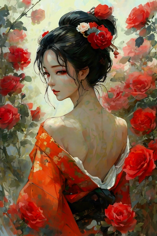 A modern interpretation of an oiran, a beautiful and elegant 40-year-old woman, portrayed in a Japanese-style painting. The woman is facing directly forward, with her shoulders loosely draped, exposing more of her skin, adding a touch of sensual allure. Her expression should be sexy and seductive, capturing a sense of mystery and allure. The background should be filled with numerous roses, creating a lush and luxurious atmosphere. Use watercolor techniques to blend the roses with the traditional and modern aesthetics of the painting, highlighting the mature beauty and seductive charm of the oiran.