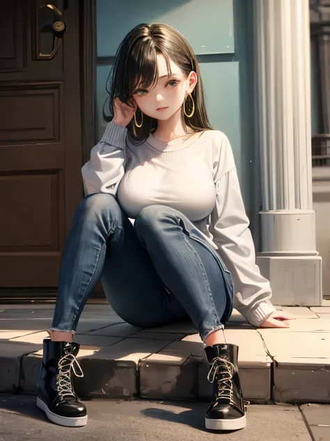 (masterpiece:1.2, highest quality), 1 female, alone, upper body, big breasts, dark wash skinny jeans, oversized sweater, ankle b...