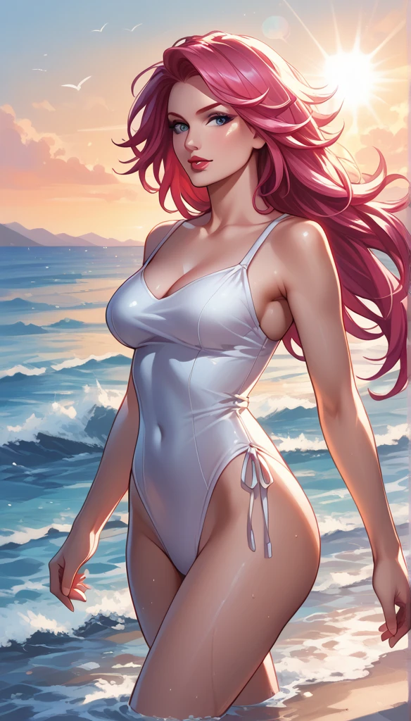 cinematic film still, solo, 1girl, BREAK poison, narrow waist, perky breasts, cute swimsuit, BREAK beach, walking, hand in hair, beautiful, graceful, elegant, BREAK beautiful scene, sunrise, lens flare, BREAK highly detailed, detailed eyes, detailed face, absurdres, 4k, masterpiece, best quality.