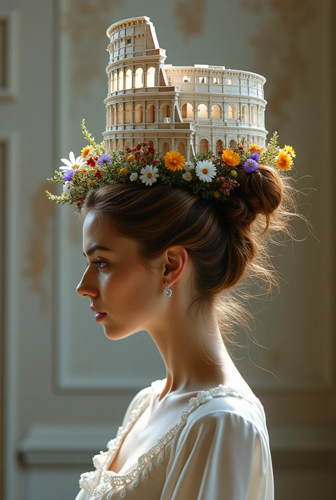 Super realistic photography, Ancient Roman architecture comes to life through artistic hairstyles. An Italian model holds a white model of the Colosseum on her head, her long hair styled in an avant-garde artistic hairstyle accented with daisies, geraniums and pansies. professional lighting