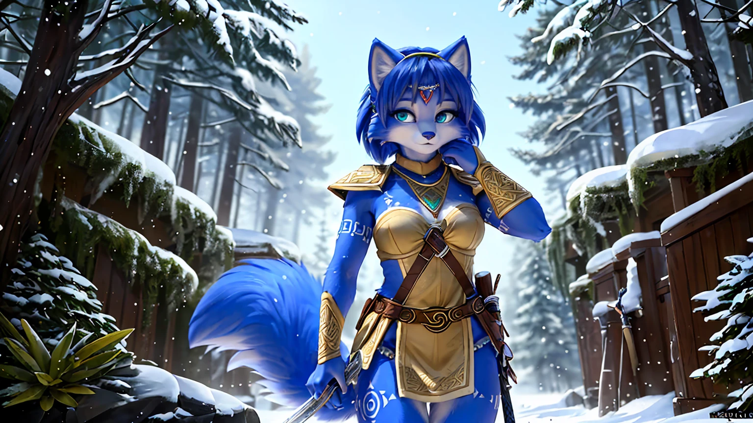 a picture of ((krystal)), Star Fox krystal, lovable, green eyes, medium breasts, (((Long blue hair 1.3))), Decollete, anthro, furry, Uploaded E621, detailed fluffys fell, (von Fluff-Kevlar, Bayard Wu, Pino Daeni), detailed face, (fluffy), 1 girl, alone, sweet girl, alone, ((​masterpiece, highest quality, Highest image quality, High resolution, photorealestic, RAW-Foto, 8k)),  standing in the winter, Winter Wald, (((Wears Celtic medieval warrior clothing))) ,(((holding sword))) , (((complete outfit))), (((ready for battle))), wearing armor, dynamic movement