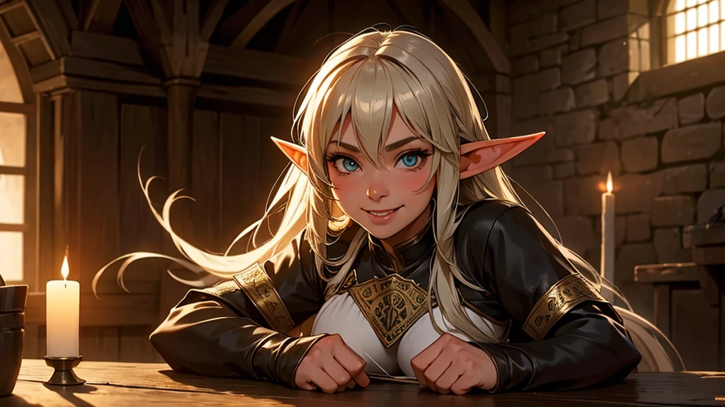 A sultry adult elf archer with long hair, clad in medieval attire, poses erotically in a dimly lit medieval room, her mouth slightly open in a playful smile, gazing at the viewer.