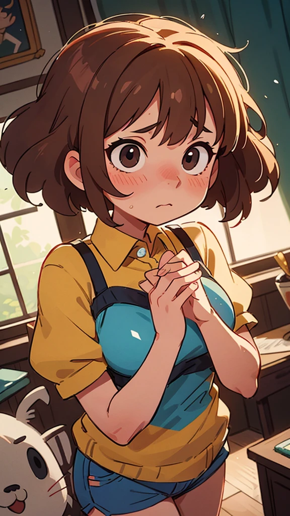 masterpiece, highest quality, award-winning, beautiful, atmospheric lighting, high resolution, detailed face, detailed eyes, 1girl, solo, young girl, child with huge tits, cute round face, large round eyes, blushing, embarrassed, short fluffy hair, camisole, short shorts, randoseru, timid expression, fingers together, fidgeting, >.<