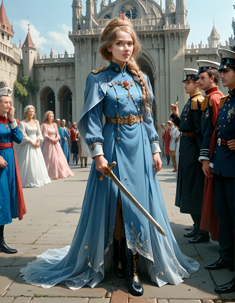 1 young woman,masterpiece,beautiful girl,Long blond hair,tall and thin,Elegant shape,noble woman,boots, Beautiful clothes, clothing, Stars of rank, Royal Sword , Royal Guard uniform, crown, strong, palace, Honorable,Servant,Soldiers marching in parade,honor, Rank and title, cinematic, dramatic ,(8K),(UHD),(realisticest:1.30) (photorealistic:1.35),(ultra highly detailed),(highly resolution:1.3),(highly illustration:1.3),

high resolution, (Masterpiece:1.35), precise,Anatomically correct, qualityที่ดีที่สุด, details, (โมเดลhigh resolution:1.2), detailsสูง, miaoz ,iaoz, quality, detailsมาก, high resolutionสุด, (realistic textures:1.3), (โมเดลความละเอียดสูง:1.2), (model textures:1.3) 