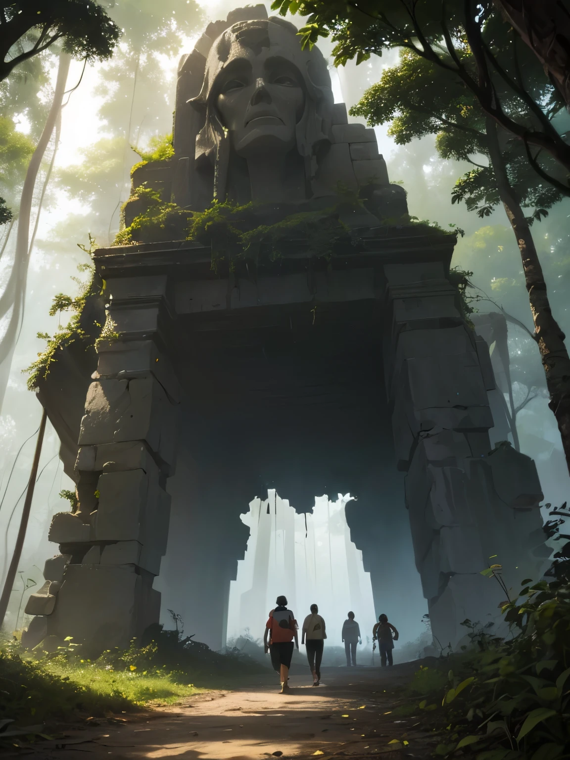 best quality, masterpiece, (Ruins of a lost civilization in the jungle)、ancient architecture、(The collapsed mysterious colossus)、in a thick fog、A group of several fully equipped explorers、(Walking along a jungle trail:1.3)