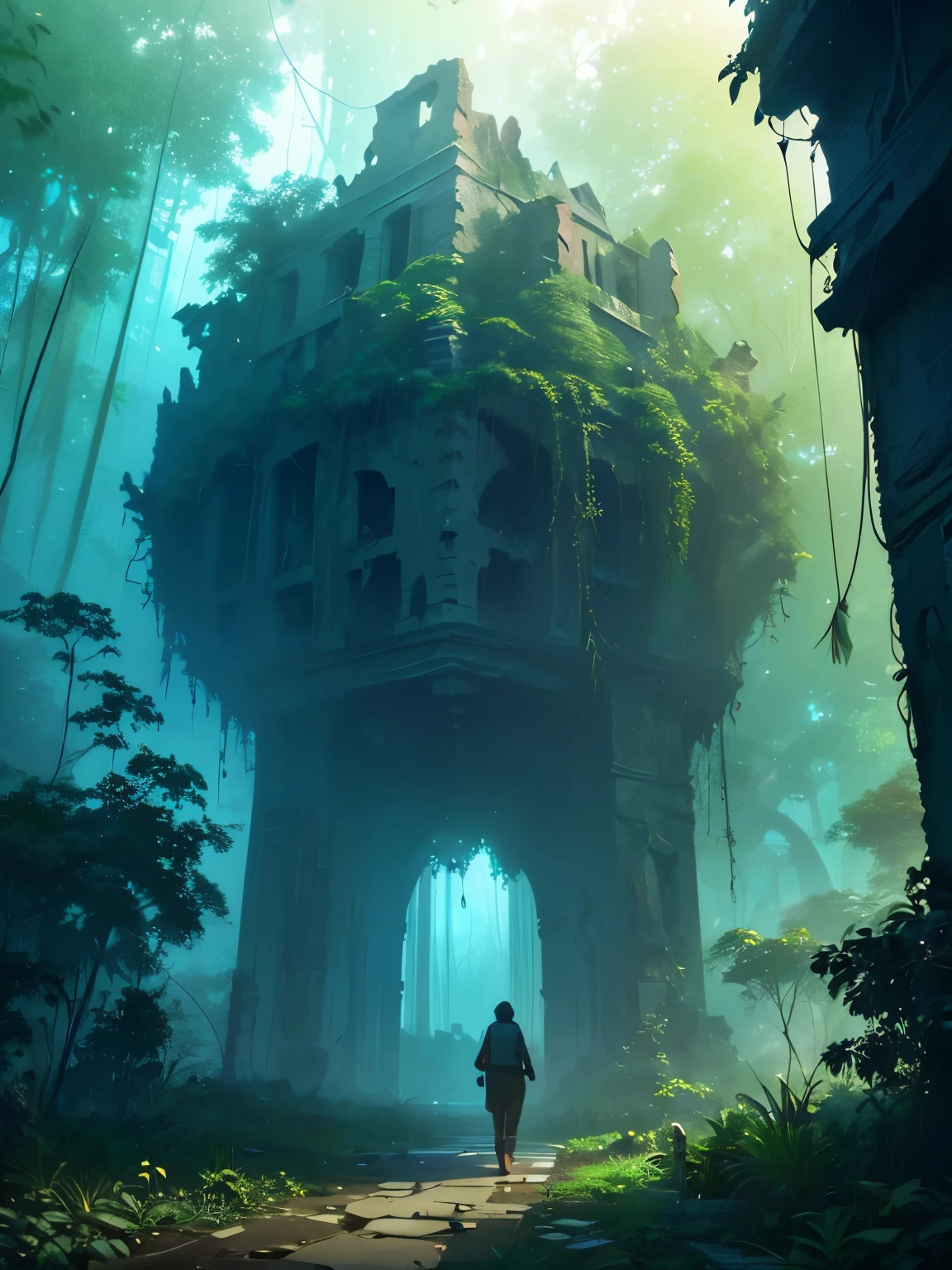 best quality, masterpiece, Ruins of a lost civilization in the jungle、ancient architecture、(The collapsed mysterious colossus)、in a thick fog、A group of several fully equipped explorers、I&#39;m walking down a pathless road