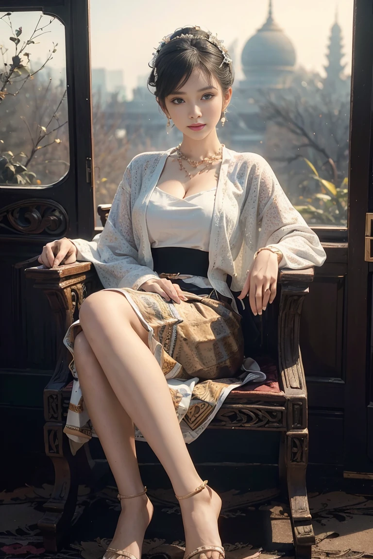 Portrait photography. (realistic:1.3), Crazy details, quality, (Masterpiece:1.2), (photorealistic:1.2), (best quality), (Fine skin:1.3), (complicated details), Ray Tracing, ((full body)), ((woman 1 person)), (((1 person))), 30 years old, short hair, smile, purple dress, patterned skirt, Contrasting colors between dresses and skirts, skirt pattern, earring, necklace, Javanese jewelry, (blurred background), eye on camera, Breast cleavage, medium sized breast, National Geographic Photo style, Documantary, Darmatic, Movie,Retro
