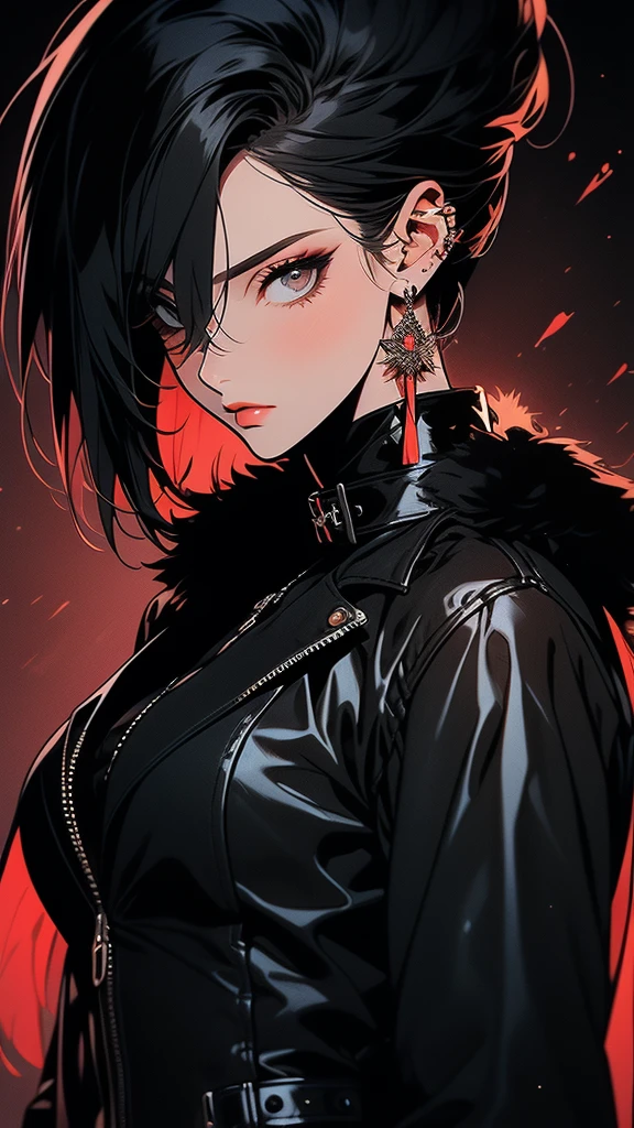 A  closeup portrait of a noble yet rebellious young woman with short, sleek black hair styled in a sharp bob that grazes just below her jawline. She wears a luxurious, form-fitting black leather outfit with intricate red accents, including a high-necked top, tight leather pants, and a long coat with a red lining and luxurious fur trim around the collar and cuffs. Her combat-style boots and confident posture enhance her fierce and sophisticated look. The background is a clean black with a spotlight effect that highlights her, creating a dramatic and powerful contrast. Zenooe Artstyle, HD, UHD.