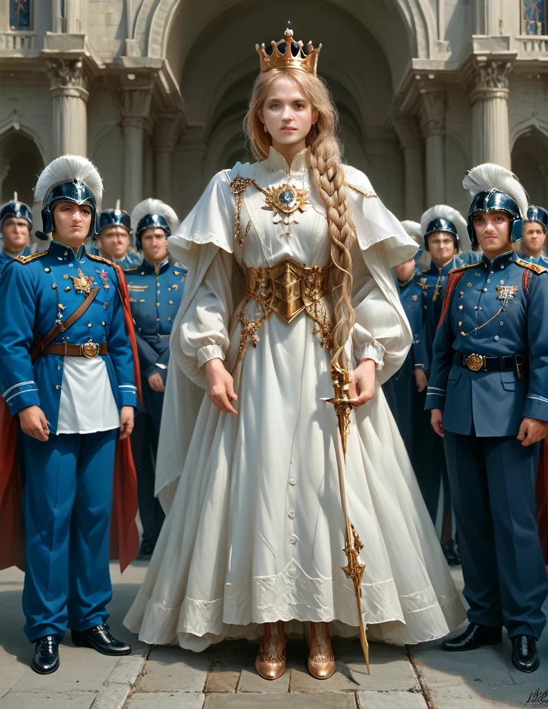 1 young woman,masterpiece,beautiful girl,Long blond hair,tall and big muscle,Elegant shape,noble woman,boots, Beautiful clothes, clothing, Stars of rank, Royal Sword , Royal Guard uniform, crown, strong, palace, Honorable,Servant,Soldiers marching in parade,honor, Rank and title, cinematic, dramatic ,(8K),(UHD),(realisticest:1.30) (photorealistic:1.35),(ultra highly detailed),(highly resolution:1.3),(highly illustration:1.3),

high resolution, (Masterpiece:1.35), precise,Anatomically correct, qualityที่ดีที่สุด, details, (โมเดลhigh resolution:1.2), detailsสูง, miaoz ,iaoz, quality, detailsมาก, high resolutionสุด, (realistic textures:1.3), (โมเดลความละเอียดสูง:1.2), (model textures:1.3) 