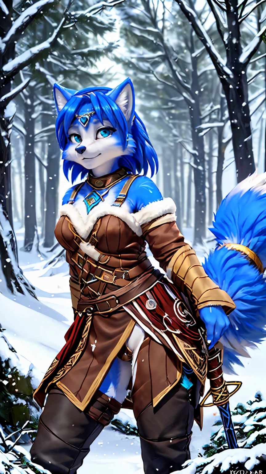 a picture of ((krystal)), Star Fox krystal, lovable, green eyes, medium breasts, (((Long blue hair 1.3))), Decollete, anthro, furry, Uploaded E621, detailed fluffys fell, (von Fluff-Kevlar, Bayard Wu, Pino Daeni), detailed face, (fluffy), 1 girl, alone, sweet girl, alone, ((​masterpiece, highest quality, Highest image quality, High resolution, photorealestic, RAW-Foto, 8k)),  standing in the winter, Winter Wald, (((Wears Celtic medieval warrior clothing))) ,(((holding sword))) , (((complete outfit))), (((ready for battle))), wearing armor, ((dynamic movement))