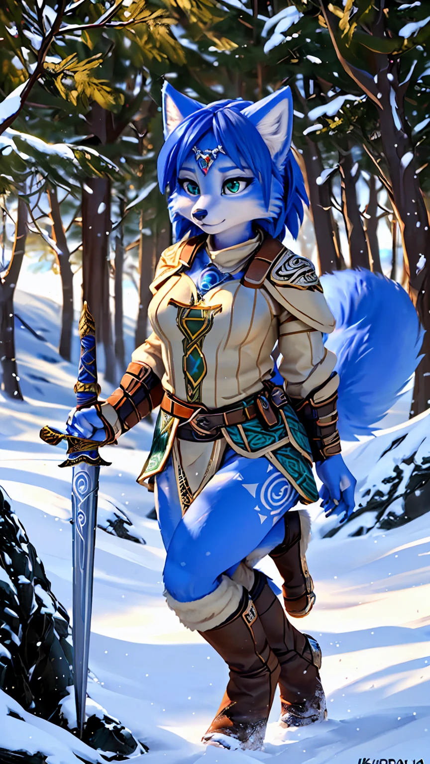 a picture of ((krystal)), Star Fox krystal, lovable, green eyes, medium breasts, (((Long blue hair 1.3))), Decollete, anthro, furry, Uploaded E621, detailed fluffys fell, (von Fluff-Kevlar, Bayard Wu, Pino Daeni), detailed face, (fluffy), 1 girl, alone, sweet girl, alone, ((​masterpiece, highest quality, Highest image quality, High resolution, photorealestic, RAW-Foto, 8k)),  standing in the winter, Winter Wald, (((Wears Celtic medieval warrior clothing))) ,(((holding sword))) , (((complete outfit))), (((ready for battle))), wearing armor, ((dynamic movement))