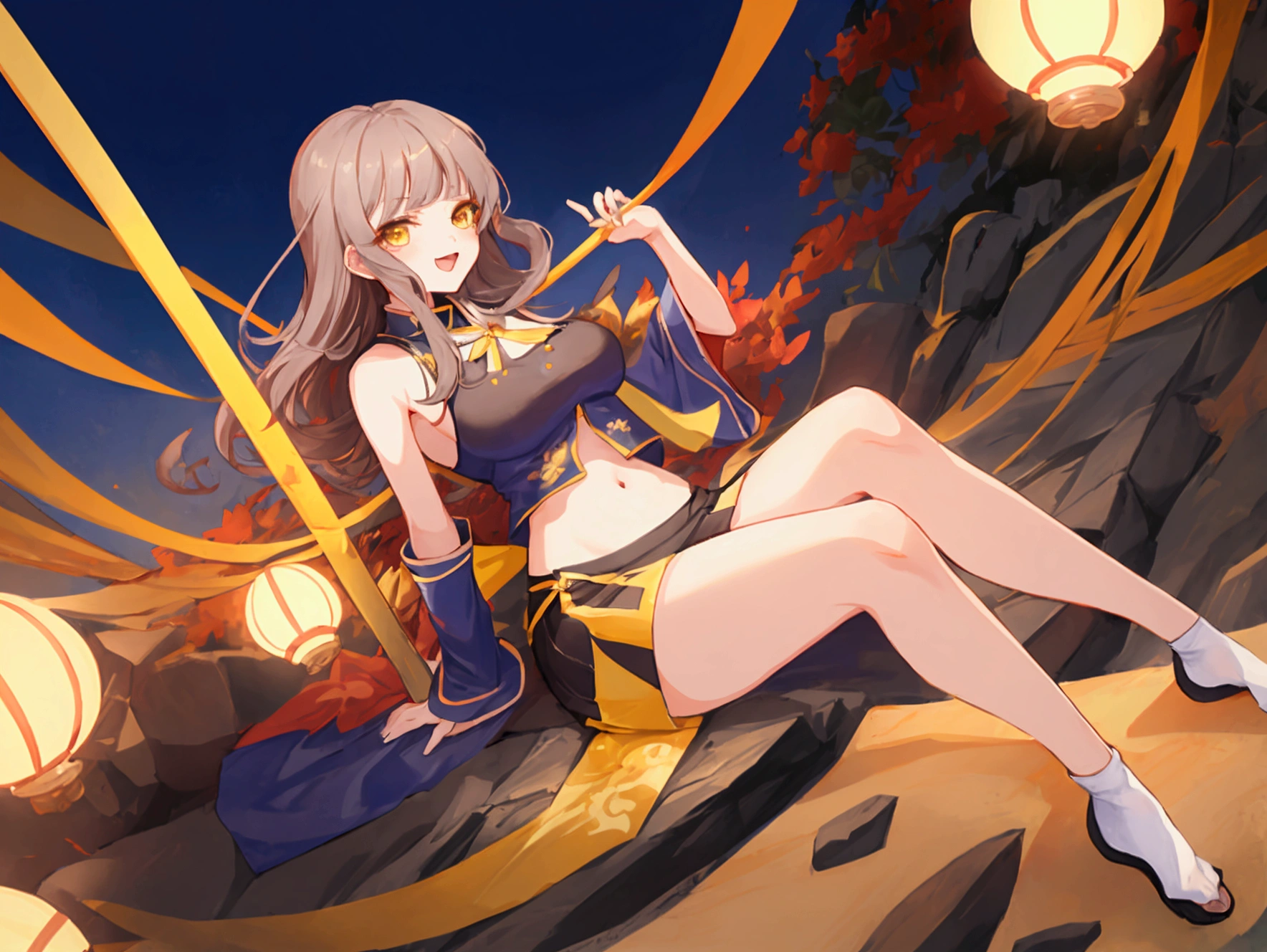 Girl, emale , detailed , {877171} brown color long hair , Yellow eyes , With bangs , A clever look , Leisurely , strong , I put binyeo in , Black sleeveless , Blue short cheongsam , Short white socks , Blue Japanese Slippers , Lycoris radiata , night background , Pianhua , orientalism , Japanese sword , death , anime character , illustration , 独奏 , 1 person , sitting, In the mountains , 나무 의자에 sitting , Myodang , shaman , gentle eyes , laughing , big bust , busty , 18+ , 19+ , adult , mature , Sexy , Sexy한 , navel , tight-fitting clothes , Navy Blue Cheongsam Skirt , Pianhua , Seoksan , Alone , festivities , 