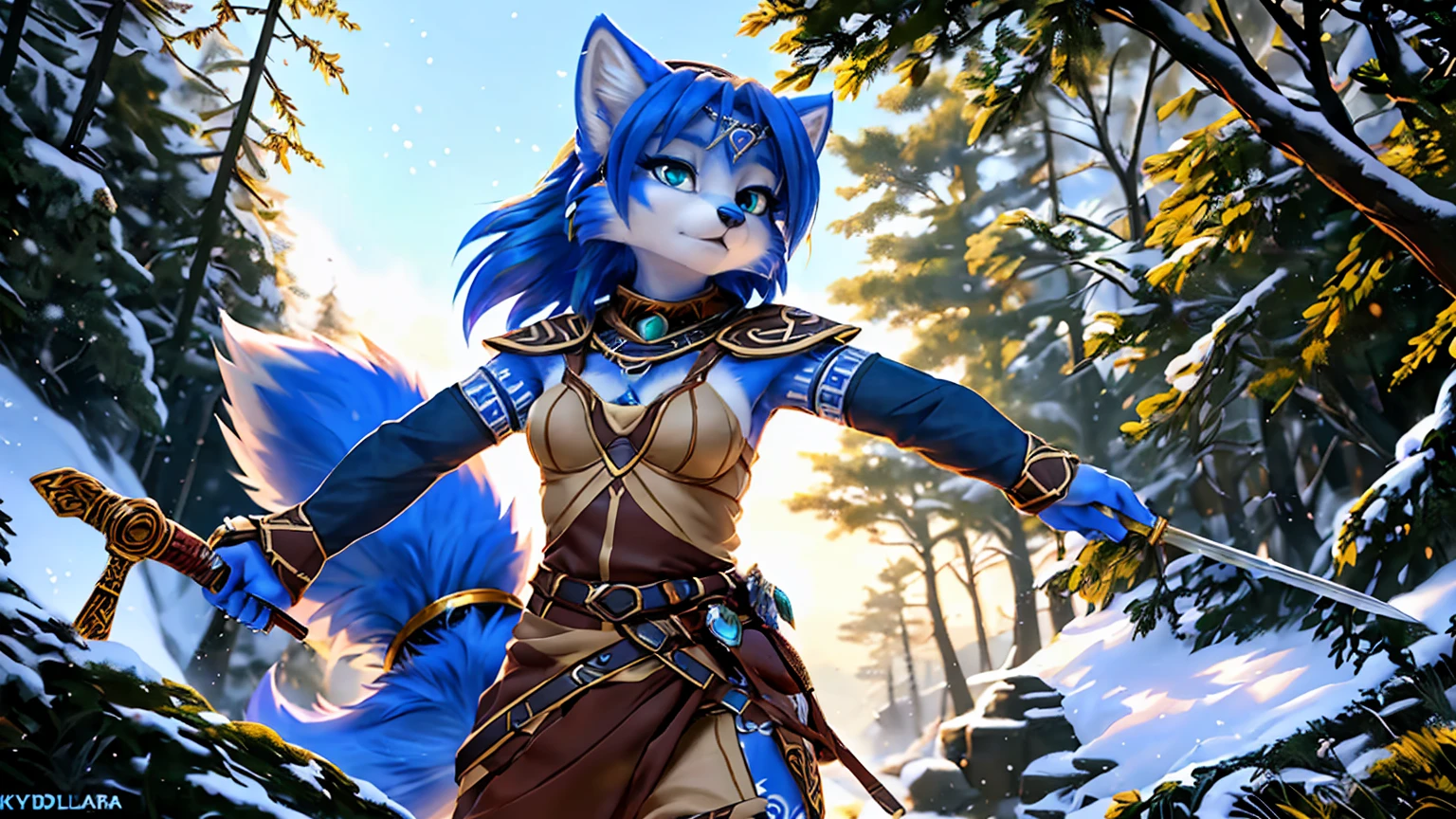 a picture of ((krystal)), Star Fox krystal, lovable, green eyes, medium breasts, (((Long blue hair 1.3))), Decollete, anthro, furry, Uploaded E621, detailed fluffys fell, (von Fluff-Kevlar, Bayard Wu, Pino Daeni), detailed face, (fluffy), 1 girl, alone, sweet girl, alone, ((​masterpiece, highest quality, Highest image quality, High resolution, photorealestic, RAW-Foto, 8k)),  standing in the winter, Winter Wald, (((Wears Celtic medieval warrior clothing))) ,(((holding sword))) , (((complete outfit))), (((ready for battle))), wearing armor, ((dynamic movement))