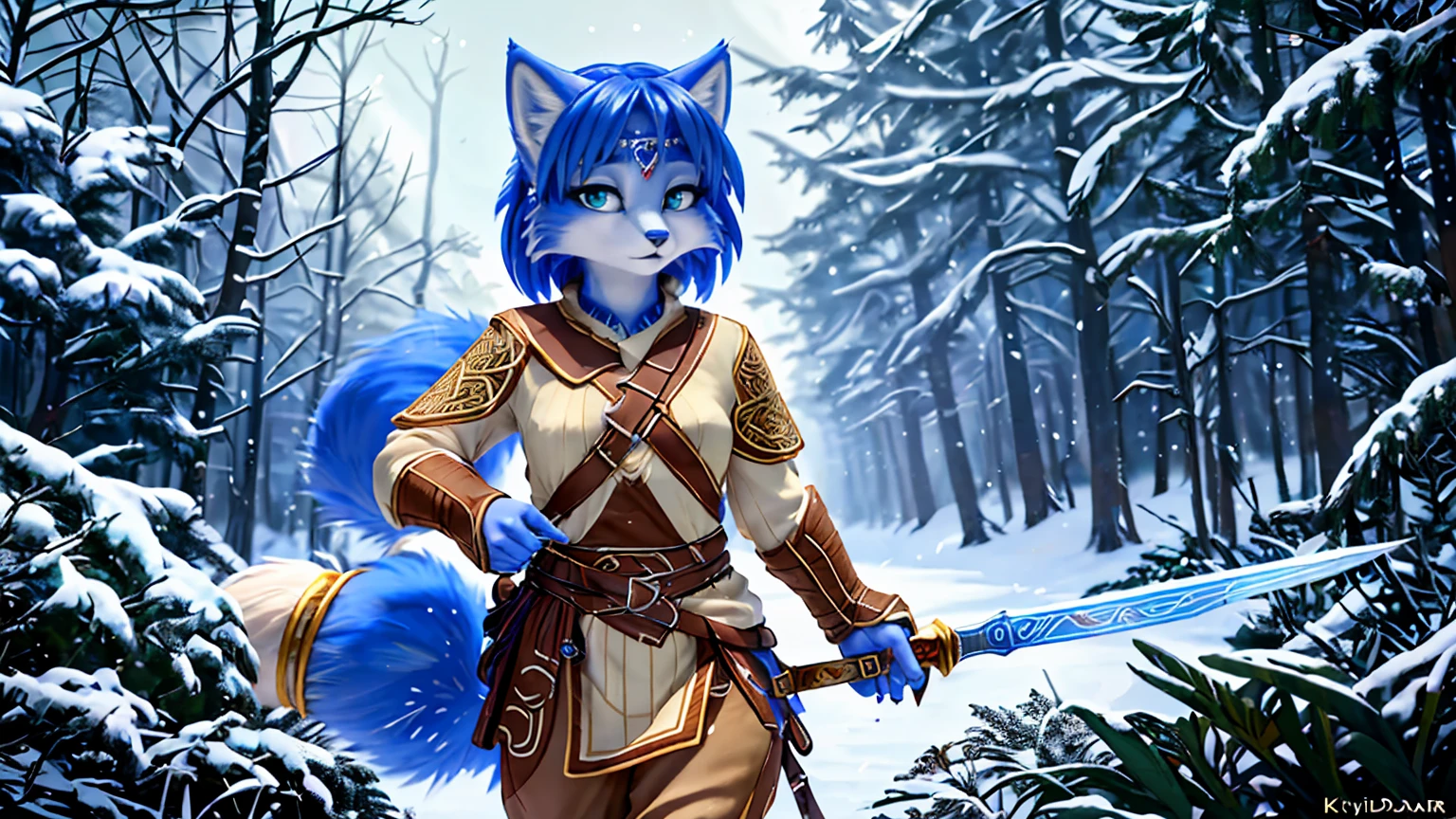 a picture of ((krystal)), Star Fox krystal, lovable, green eyes, medium breasts, (((Long blue hair 1.3))), Decollete, anthro, furry, Uploaded E621, detailed fluffys fell, (von Fluff-Kevlar, Bayard Wu, Pino Daeni), detailed face, (fluffy), 1 girl, alone, sweet girl, alone, ((​masterpiece, highest quality, Highest image quality, High resolution, photorealestic, RAW-Foto, 8k)),  standing in the winter, Winter Wald, (((Wears Celtic medieval warrior clothing))) ,(((holding sword))) , (((complete outfit))), (((ready for battle))), wearing armor, ((dynamic movement))