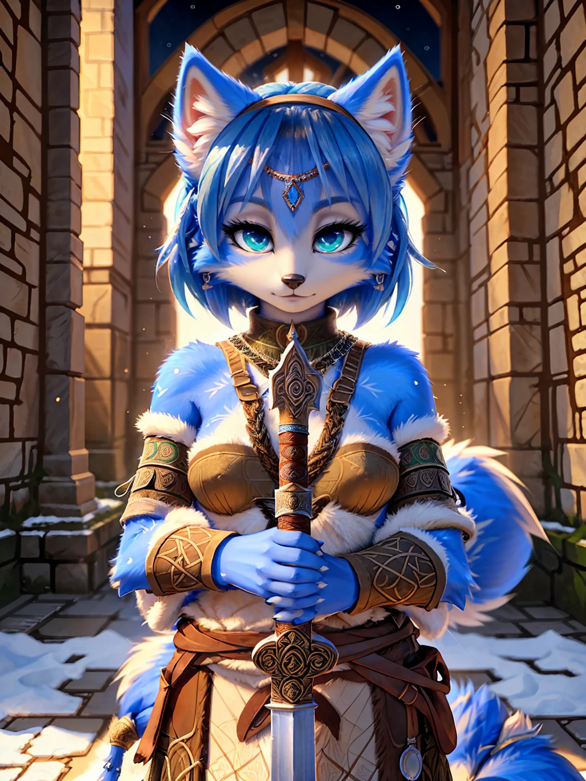 a picture of ((krystal)), Star Fox krystal, lovable, green eyes, medium breasts, (((Long blue hair 1.3))), Decollete, anthro, furry, Uploaded E621, detailed fluffys fell, (von Fluff-Kevlar, Bayard Wu, Pino Daeni), detailed face, (fluffy), 1 girl, alone, sweet girl, alone, ((​masterpiece, highest quality, Highest image quality, High resolution, photorealestic, RAW-Foto, 8k)), wavy medium length haircut, Fur all over the body,Looking for a cock, standing in the winter foAuflösungt, (((Wears Celtic medieval warrior clothing))) ,(((holding sword))) , (((complete outfit))), (((ready for battle))), secure content, ((High quality)),