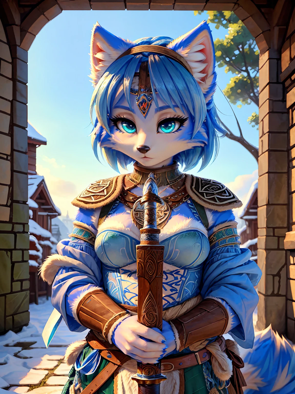 a picture of ((krystal)), Star Fox krystal, lovable, green eyes, medium breasts, (((Long blue hair 1.3))), Decollete, anthro, furry, Uploaded E621, detailed fluffys fell, (von Fluff-Kevlar, Bayard Wu, Pino Daeni), detailed face, (fluffy), 1 girl, alone, sweet girl, alone, ((​masterpiece, highest quality, Highest image quality, High resolution, photorealestic, RAW-Foto, 8k)), wavy medium length haircut, Fur all over the body,Looking for a cock, standing in the winter foAuflösungt, (((Wears Celtic medieval warrior clothing))) ,(((holding sword))) , (((complete outfit))), (((ready for battle))), secure content, ((High quality)),