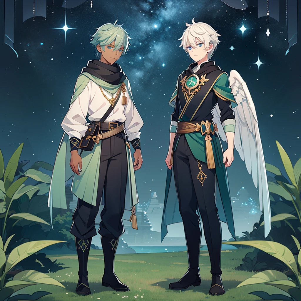 1 black man, short white hair, sky blue eyes. Gardener. Accessories. Leaves on the head, White sweater, sleeves at the elbows, cargo pants, belt with waist bag, putting on boots. Starry wings. Green branches with elongated leaves. Dark blue with green sparkles reminiscent of a starry night sky. detailed clothing. Starry forest. mystical atmosphere. peaceful and serene.