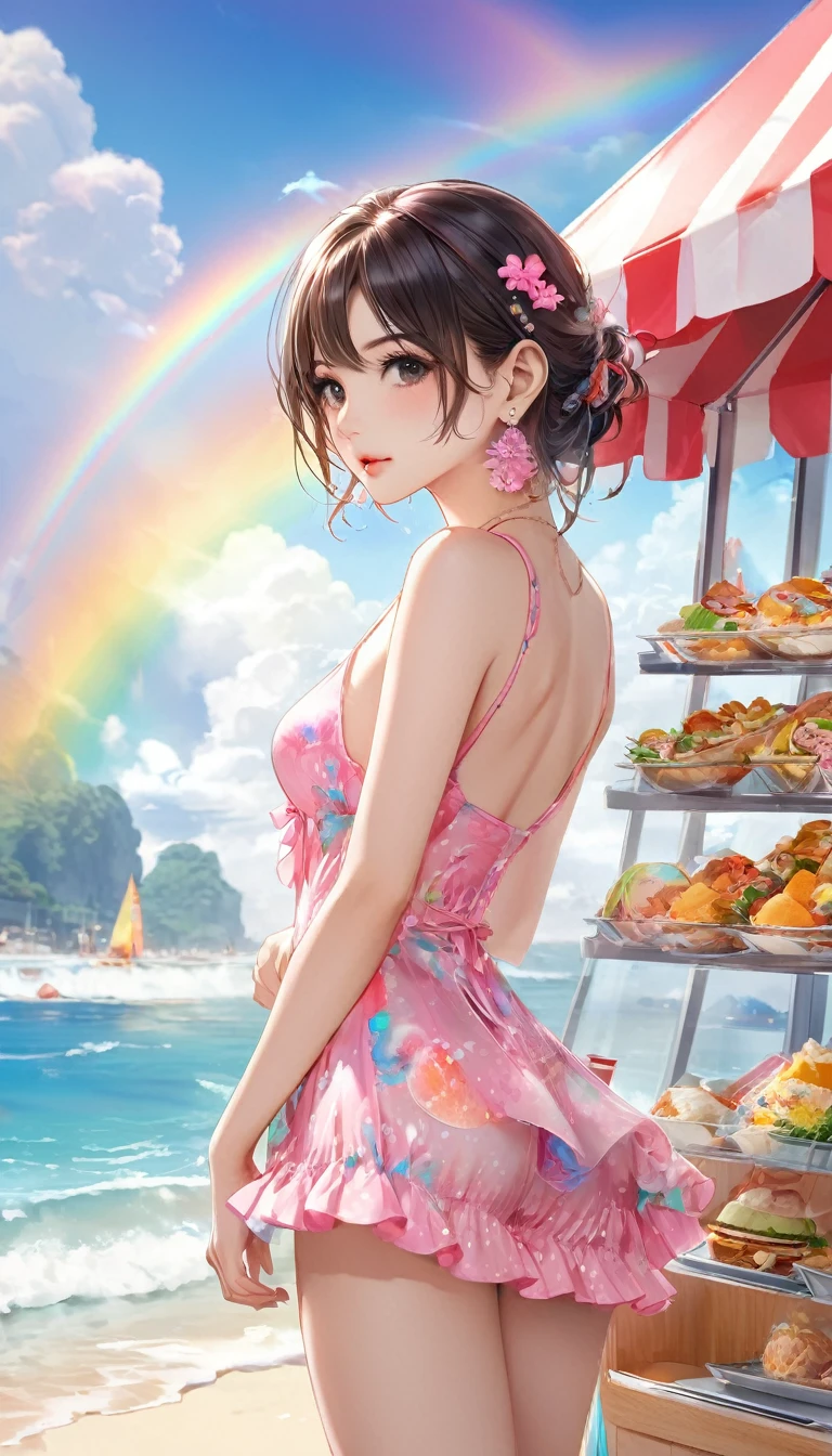 (masterpiece, Highest quality:1.2), The most beautiful girl of all time , (((chibi))), ( glossy lip, sexly medium1.2 tits), (in a pink summer one piece dress), BREAK, in the Beach food stalls, background Double Exposure beautiful ocean and beautiful rainbow, BREAK, perfect anatomy, masterpiece, best quality, 16K, beautiful detailed love, sexly, daydreaming expression, bony body, (knee high socks) 、Earrings ,　bionde