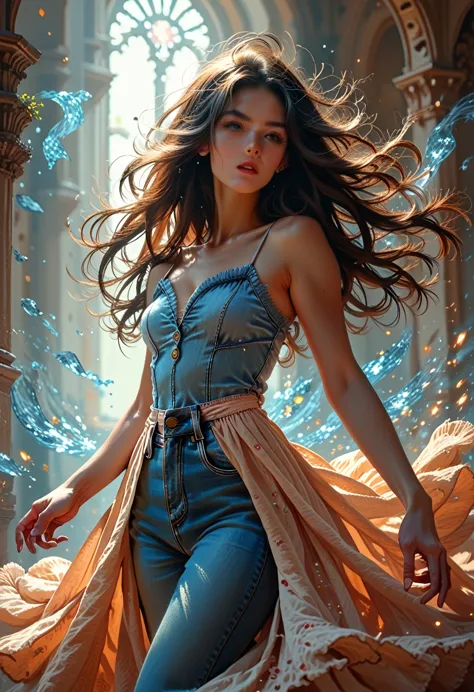 masterpiece, best quality, 1 girl, brunette hair, bare shoulders, long hair, dress, denim shot, dynamic pose, dynamic angle,