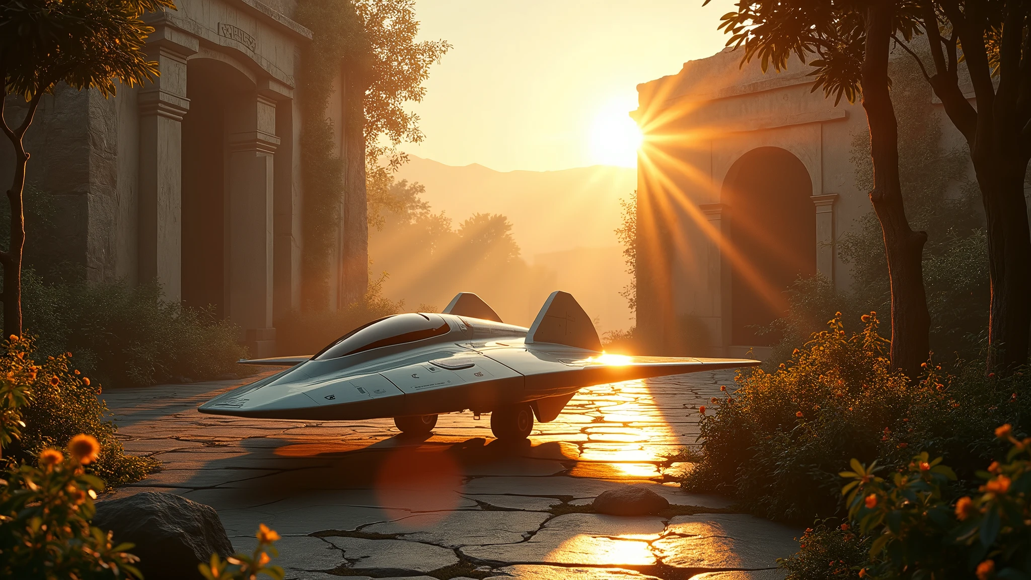 An award-winning masterpiece of visual delight, depicting a sleek starfighter landed at a pristine ancient architectural site surrounded by lush, beautifying plants, trees, and vibrant flowers. The sunrise serves as the dominant light source, casting a warm, golden backlight that highlights the starfighter's aerodynamic design and the timeless beauty of the ancient structure. The powerful sunlight creates dramatic shadows and specular highlights that shimmer along the starfighter's surface and the weathered stone of the architecture, now intertwined with flourishing greenery.

The scene is enriched by the presence of blooming flowers and towering trees, whose leaves gently rustle in the morning breeze. The sun's rays filter through the dense foliage, creating a stunning Tyndall effect and casting God Rays (Crepuscular Rays) that stretch across the sky, bathing the architecture and surrounding flora in a divine, ethereal light. A subtle lens flare and soft bloom enhance the brilliance of the sunrise, while a gentle glare emphasizes its intensity. The backscatter effect from dust, pollen, and particles in the air adds a touch of realism, creating depth and atmosphere around the starfighter and the ancient, plant-adorned site.

This composition seamlessly blends the futuristic presence of the starfighter with the serene, timeless beauty of the ancient architecture, now further enhanced by the natural elegance of surrounding plants and flowers, capturing a moment where advanced technology meets the enduring and vibrant legacy of the past.