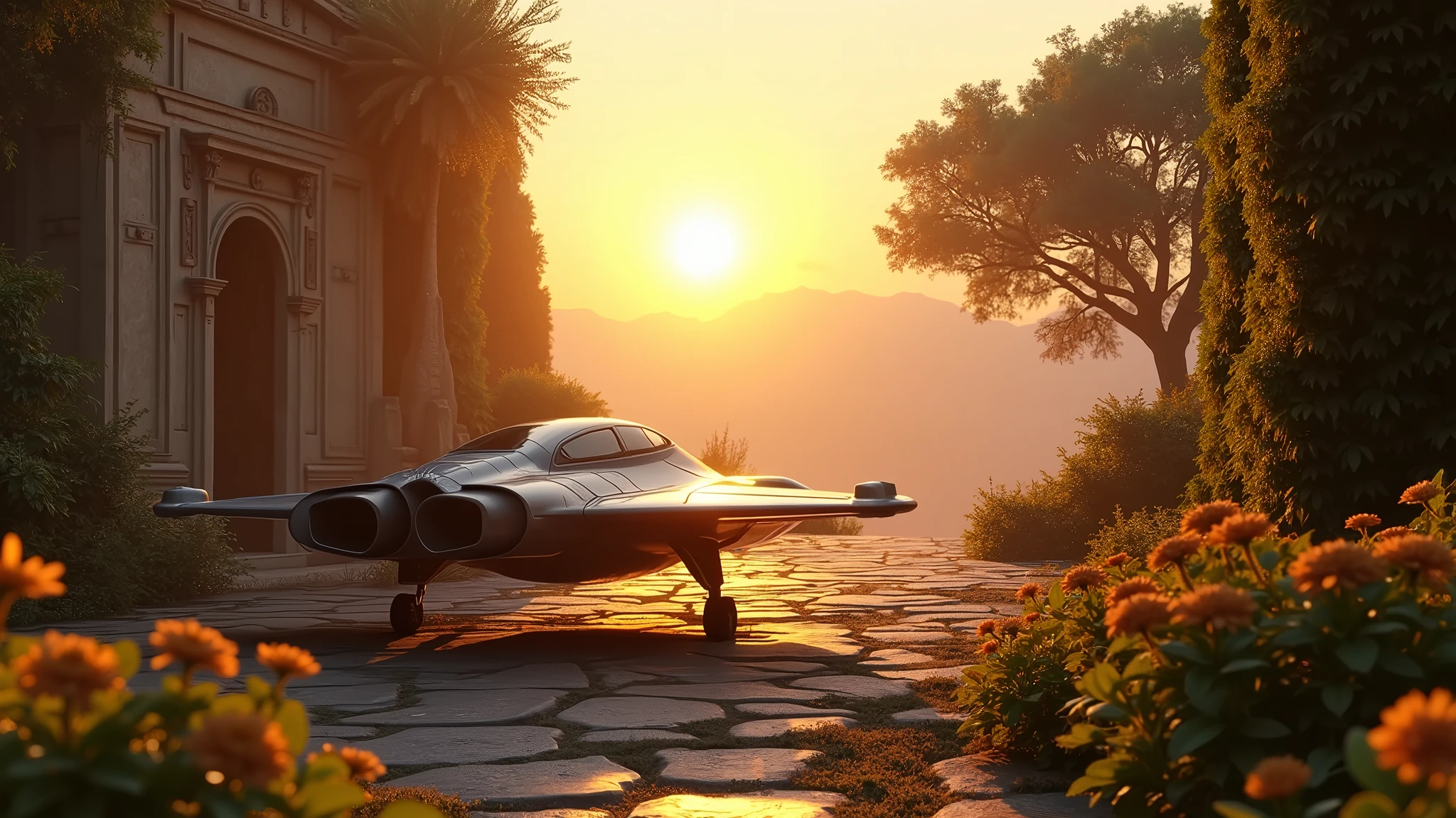 An award-winning masterpiece of visual delight, depicting a sleek starfighter landed at a pristine ancient architectural site surrounded by lush, beautifying plants, trees, and vibrant flowers. The sunrise serves as the dominant light source, casting a warm, golden backlight that highlights the starfighter's aerodynamic design and the timeless beauty of the ancient structure. The powerful sunlight creates dramatic shadows and specular highlights that shimmer along the starfighter's surface and the weathered stone of the architecture, now intertwined with flourishing greenery.

The scene is enriched by the presence of blooming flowers and towering trees, whose leaves gently rustle in the morning breeze. The sun's rays filter through the dense foliage, creating a stunning Tyndall effect and casting God Rays (Crepuscular Rays) that stretch across the sky, bathing the architecture and surrounding flora in a divine, ethereal light. A subtle lens flare and soft bloom enhance the brilliance of the sunrise, while a gentle glare emphasizes its intensity. The backscatter effect from dust, pollen, and particles in the air adds a touch of realism, creating depth and atmosphere around the starfighter and the ancient, plant-adorned site.

This composition seamlessly blends the futuristic presence of the starfighter with the serene, timeless beauty of the ancient architecture, now further enhanced by the natural elegance of surrounding plants and flowers, capturing a moment where advanced technology meets the enduring and vibrant legacy of the past.