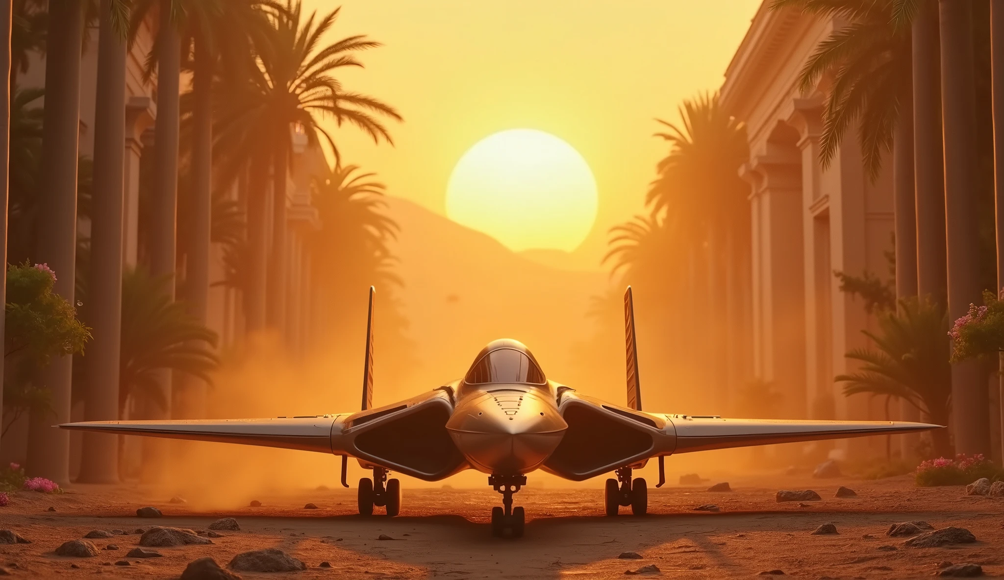 An award-winning masterpiece of visual delight, depicting a sleek starfighter landed at a pristine ancient architectural site surrounded by lush, beautifying plants, trees, and vibrant flowers. The sunrise serves as the dominant light source, casting a warm, golden backlight that highlights the starfighter's aerodynamic design and the timeless beauty of the ancient structure. The powerful sunlight creates dramatic shadows and specular highlights that shimmer along the starfighter's surface and the weathered stone of the architecture, now intertwined with flourishing greenery.

The scene is enriched by the presence of blooming flowers and towering trees, whose leaves gently rustle in the morning breeze. The sun's rays filter through the dense foliage, creating a stunning Tyndall effect and casting God Rays (Crepuscular Rays) that stretch across the sky, bathing the architecture and surrounding flora in a divine, ethereal light. A subtle lens flare and soft bloom enhance the brilliance of the sunrise, while a gentle glare emphasizes its intensity. The backscatter effect from dust, pollen, and particles in the air adds a touch of realism, creating depth and atmosphere around the starfighter and the ancient, plant-adorned site.

This composition seamlessly blends the futuristic presence of the starfighter with the serene, timeless beauty of the ancient architecture, now further enhanced by the natural elegance of surrounding plants and flowers, capturing a moment where advanced technology meets the enduring and vibrant legacy of the past.