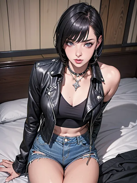 1，black short hair，photorealism，detailed，masterpiece， (lean), young girls，denim shorts、dark leather jacket，1，aldult, (punk girl)...