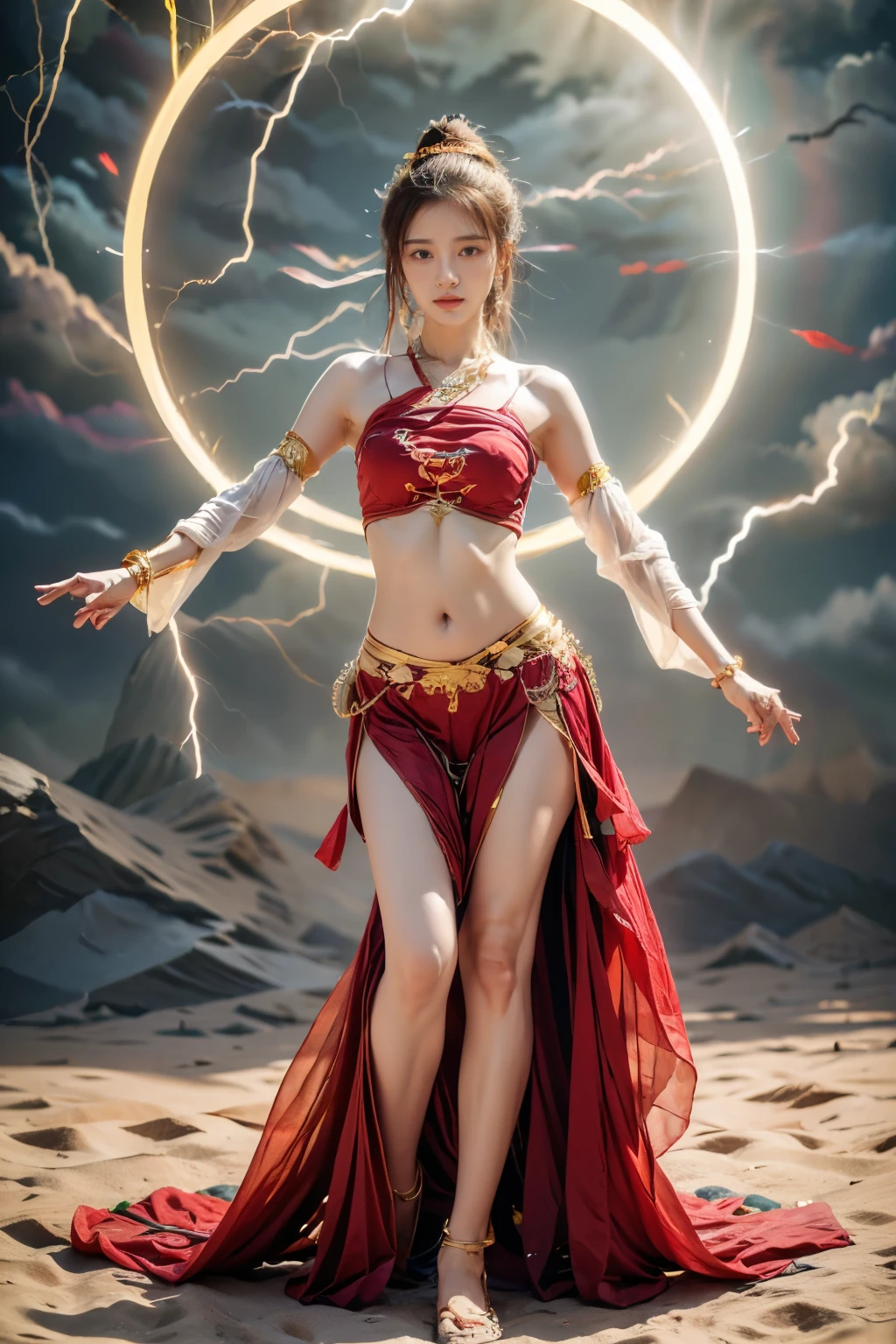 master piece,(Best Quality:1.3),超A high resolution,Raw photo,Detailed skin,Beautiful lighting,(Realistic, Photorealsitic:1.4), dunhuang, 1girl in, Full body,Unevenness of the skin, Beautiful expression、A detailed face、perfectly proportions、Perfect growth,small breasts thin waist、Navel、Crotch gap、thighs thighs thighs thighewitching、Attractive woman, A sexy, dunhuang_Background,(Dynamic Poses:1.2), fly, Vivid costumes、lightning bolt、Thunderbolt、Sateen,8 heads,She&#39;s so thin and light that she floats in the air.,Flying in the air,It&#39;s light so it floats in the air with ease,A bird&#39;s-eye view of the lives of people on the ground,