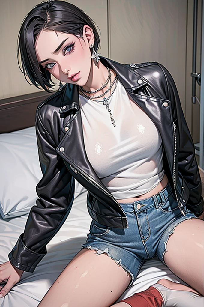 1，Black short hair，Photorealism，detailed，masterpiece， (Lean), Young Girls，Denim shorts、Dark leather jacket，1，aldult, (Punk Girl)，Earrings、Lip Studs，Dark eyeshadow，high quality，Sit on the edge of the hospital bed，High resolution 4K information,Hospital Ward，Cold，The lens is from the bottom up，