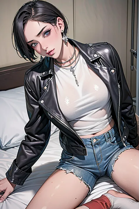 1，black short hair，photorealism，detailed，masterpiece， (lean), young girls，denim shorts、dark leather jacket，1，aldult, (punk girl)...