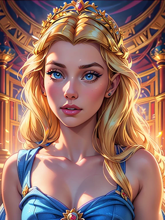 a beautiful young woman with long blonde hair, disney princess aurora as 20-year-old millie bobby brown, extremely detailed face, beautiful detailed eyes, beautiful detailed lips, beautiful long eyelashes, elegant royal blue dress, intricate floral crown, medieval fantasy castle backdrop, golden light, mist, glowing, cinematic, highly detailed, 8k, photorealistic, masterpiece