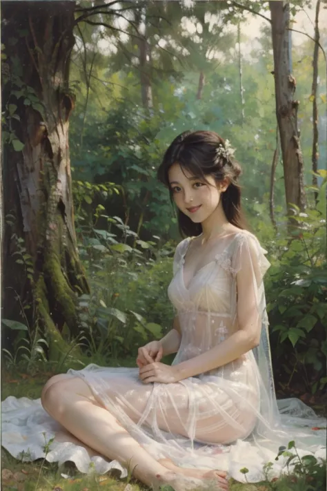 a girl in a transparent silk dress、almost naked、in the forest、smile、sitting