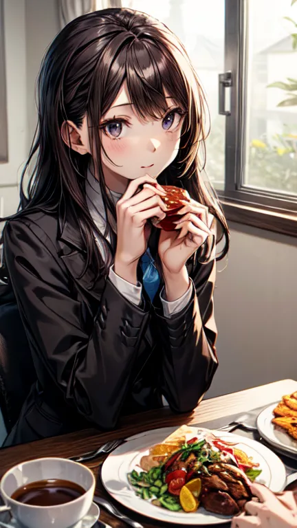 beautiful long black hair　high school girl　white skin　table　having a meal　face to face　beauty　blazer　tie